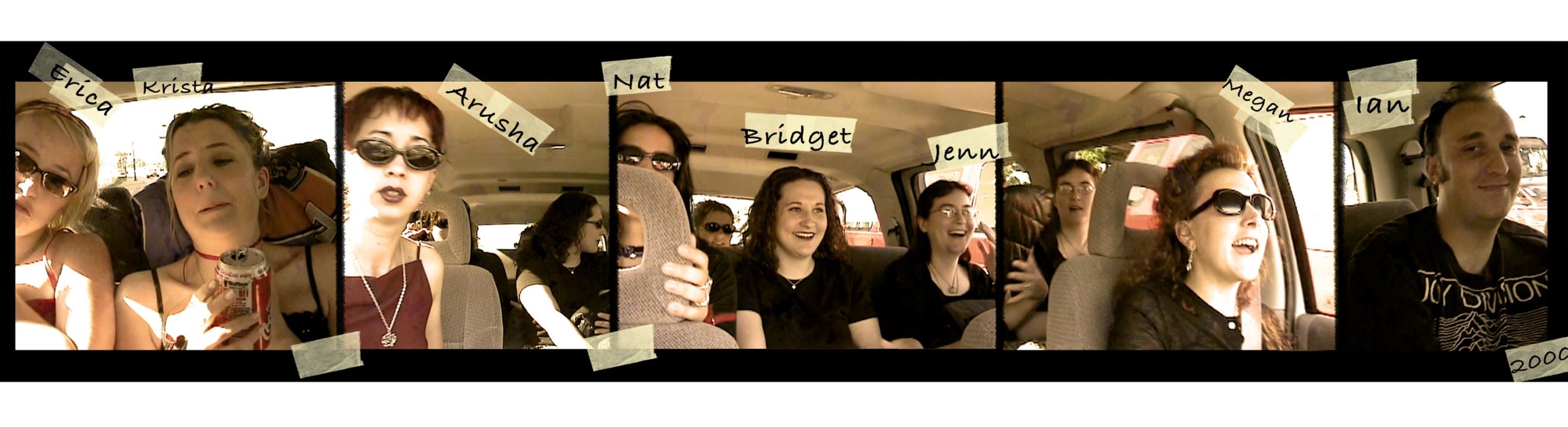 Snapshots of friends smiling and riding together in a minivan