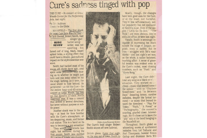 Newspaper clipping of a concert review of The Cure at Great Woods Amphitheater in 1986, Boston, Massachussets